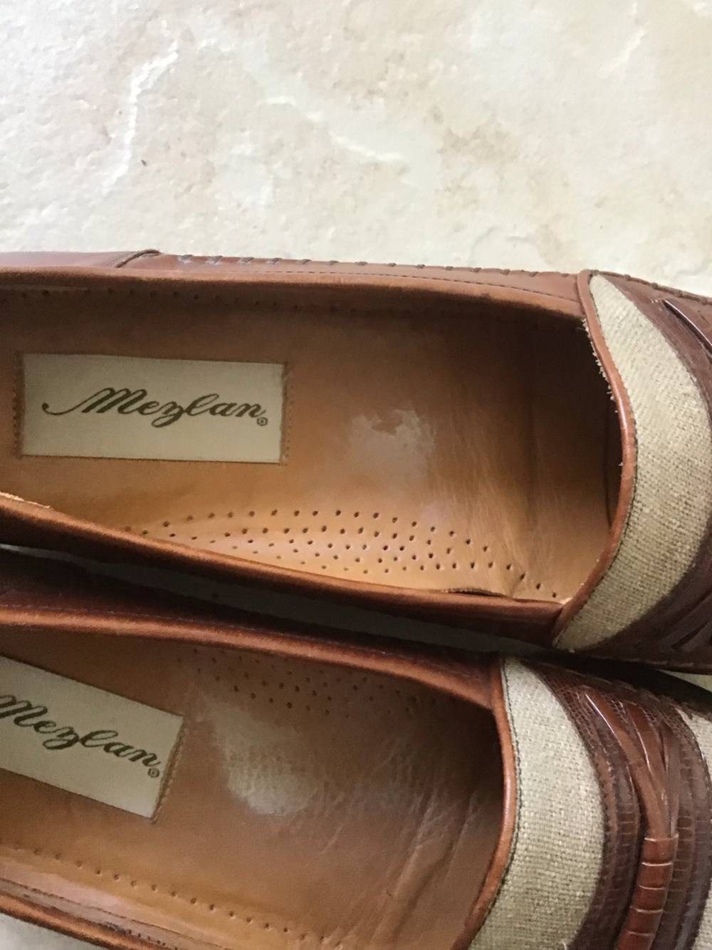 Mezlan Brown Leather and Beige Linen Penny Loafers - Picture 4 of 8